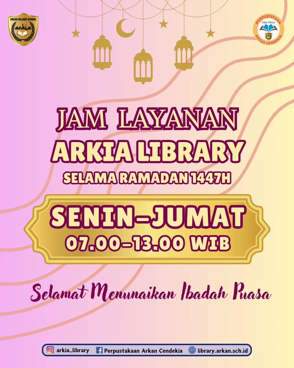 Jam layanan perpustakaan @arkia_library selama bulan Ramadan 1447H/2026
Selamat menunaikan ibadah puasa.#ramadan2026
#jamlayananperpustakaan
#arkialibrary
#ayokeperpustakaan