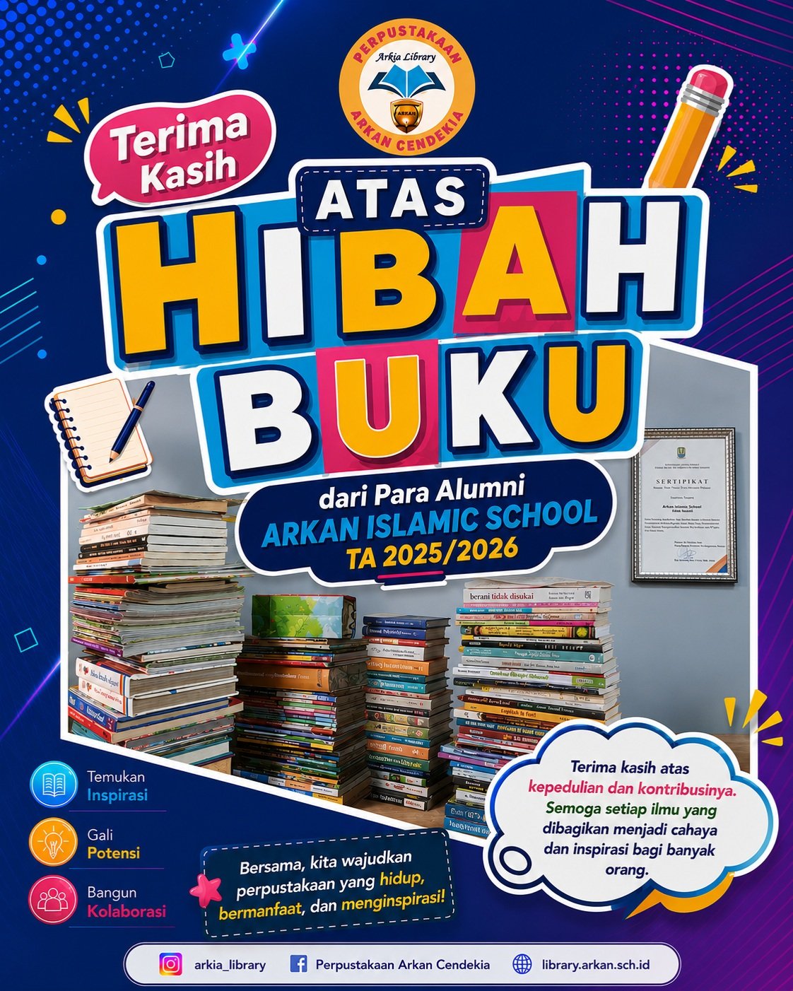 Alhamdulillahirabbil 'alamin.Dengan penuh rasa syukur, kami mengucapkan jazakumullahu khairan katsiran kepada seluruh Alumni Arkan Islamic School Tahun Ajaran 2025/2026 atas hibah buku yang telah diberikan kepada Perpustakaan Arkan Cendekia.Di balik setiap buku, ada cinta yang ditinggalkan.
Ada harapan agar adik-adik kelas dapat belajar lebih banyak.
Ada jejak kebaikan yang akan terus hidup, berpindah dari satu tangan ke tangan lainnya, dari satu hati ke hati berikutnya.Rasulullah ﷺ bersabda,"Apabila manusia meninggal dunia, terputuslah amalnya kecuali tiga perkara: sedekah jariyah, ilmu yang bermanfaat, dan anak saleh yang mendoakannya."
(HR. Muslim)Semoga setiap lembar yang dibaca, setiap ilmu yang dipelajari, dan setiap inspirasi yang lahir dari buku-buku ini menjadi amal jariyah yang terus mengalir pahalanya bagi seluruh para donatur.Semoga Allah SWT membalas setiap kebaikan dengan keberkahan, melapangkan jalan menuju cita-cita, serta menjadikan langkah para alumni senantiasa dalam lindungan dan rahmat-Nya. Aamiin ya Rabbal 'alamin. 🤲Terima kasih telah menjadi bagian dari perjalanan literasi di Arkan Cendekia.
Karena perpustakaan bukan hanya dibangun oleh rak dan buku, tetapi juga oleh hati-hati yang gemar berbagi.@arkan_islamicschool
@sdit_arkancendekia
@smpit_arkancendekia
@tkit_arkancendekia