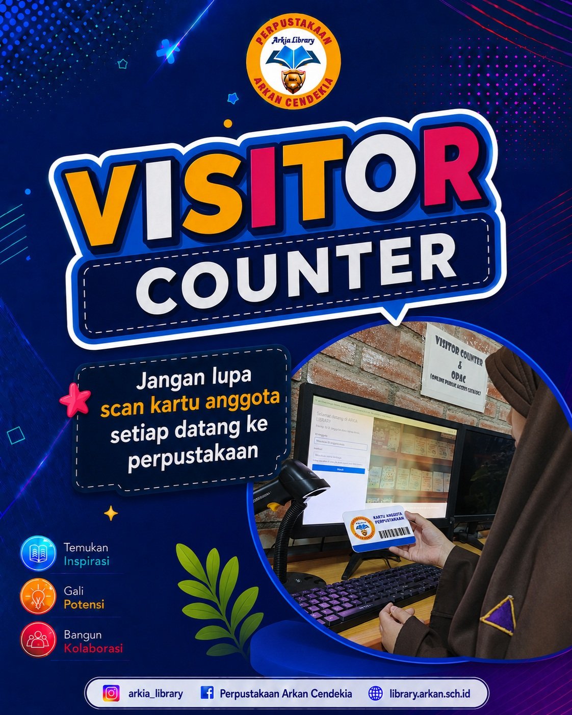 📢 Yuk, Jangan Lupa Scan Visitor Counter! 💙📚Setiap kali berkunjung ke Perpustakaan Arkan Cendekia, jangan lupa scan kartu anggota di Visitor Counter ya! 📲💳Dengan melakukan scan kunjungan, kamu telah membantu perpustakaan dalam:
✨ Mencatat statistik jumlah pengunjung.
📊 Mendukung pengembangan layanan perpustakaan yang lebih baik.
📚 Menjadi bagian dari budaya literasi yang tertib dan disiplin.Caranya mudah banget!
1️⃣ Datang ke perpustakaan.
2️⃣ Siapkan kartu anggota.
3️⃣ Scan di Visitor Counter.
4️⃣ Selamat menikmati berbagai koleksi dan fasilitas perpustakaan! 🎉Satu kali scan, satu langkah untuk mendukung perpustakaan yang lebih maju. 💙#perpustakaansekolah
#ayokeperpustakaan
#literasi
#arkialibrary@arkan_islamicschool
@sdit_arkancendekia
@tkit_arkancendekia
@smpit_arkancendekia
