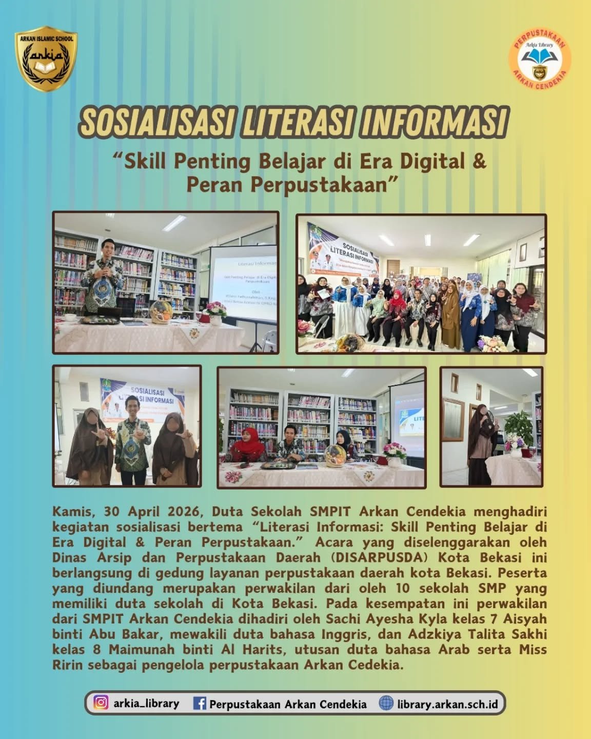 Alhamdulillah Duta Sekolah SMPIT Arkan Cendekia bersama Pustakawan Arkia Library bisa menghadiri acara Sosialisasi Literasi Informasi yang diselenggarakan oleh DISARPUSDA Kota Bekasi.Untuk pemaparan selanjutnya kalian bisa cek ke website Arkia Library yaa✨#dutasekolah
#sosialisasi
#literasisekolah
#literasiinformasi
#disarpusdakotabekasi