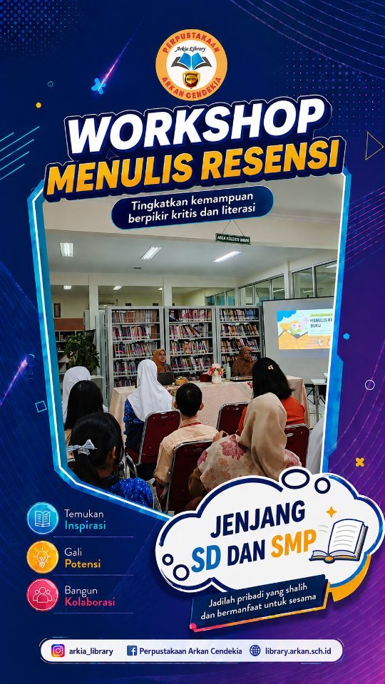 Liputan kegiatan workshop menulis resensi yang diselenggarakan oleh @disarpusda.kotabekasiAcara ini dilaksanakan pada hari Senin, 10 Agustus 2026 untuk jenjang SD dan Selasa, 11 Agustus 2026 untuk jenjang SMP. Info lengkap kegiatan ini sudah bisa dibaca di website resmi perpustakaan Arkan Cendekia.https://library.arkan.sch.id/workshop-menulis-resensi-buku-jenjang-sd-dan-smp/#perpustakaansekolah #literasi #ayokeperpustakaan